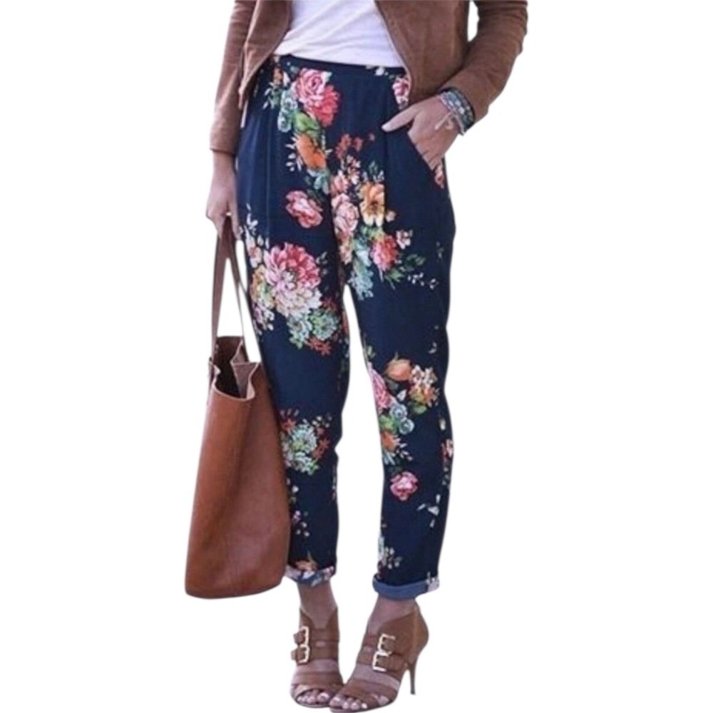 ZARA WOMAN Floral Trousers Navy Women XS Viscose Cottagecore Garden Pants Resort